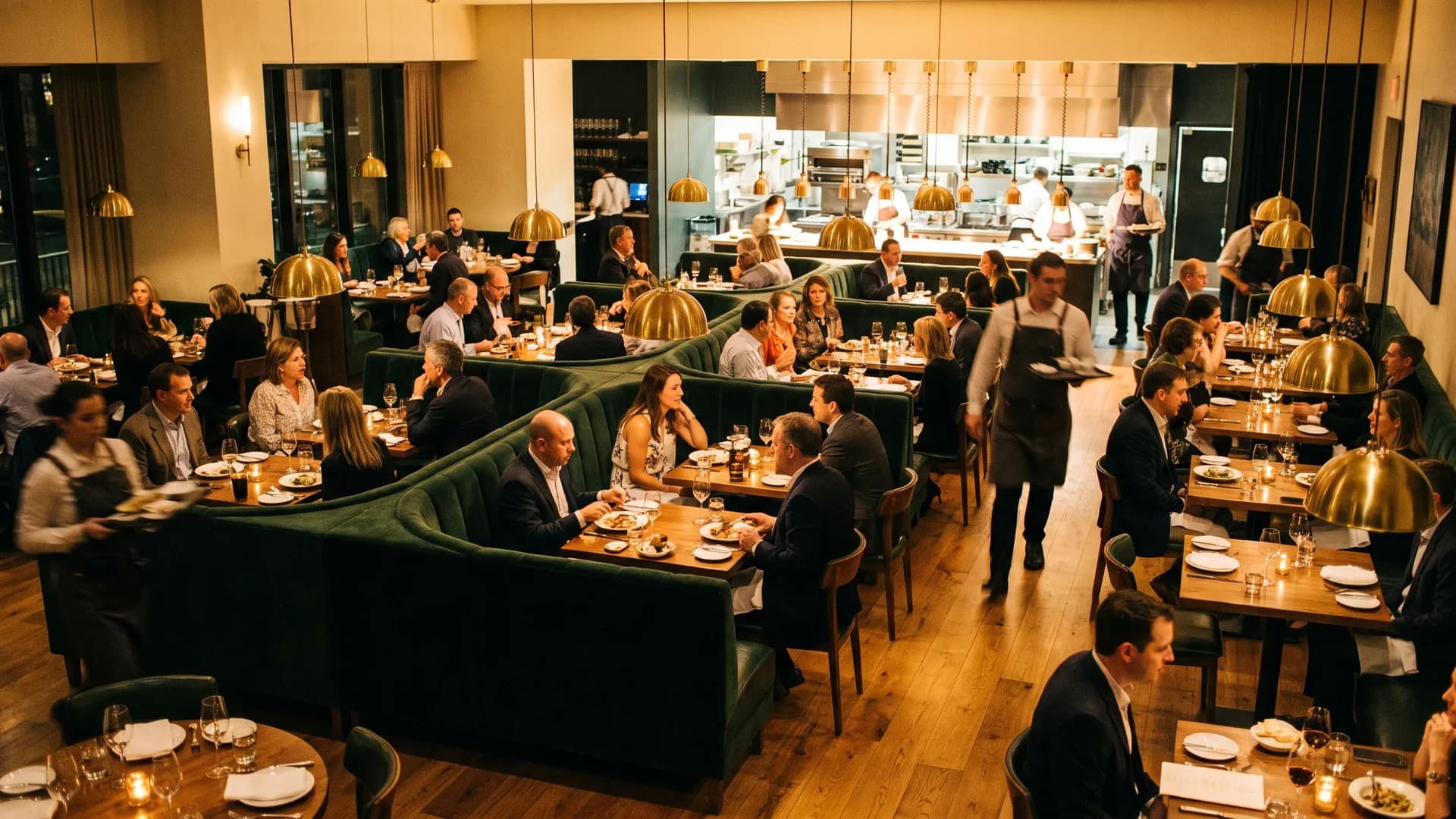 An elevated view of a full dining room in mid-service