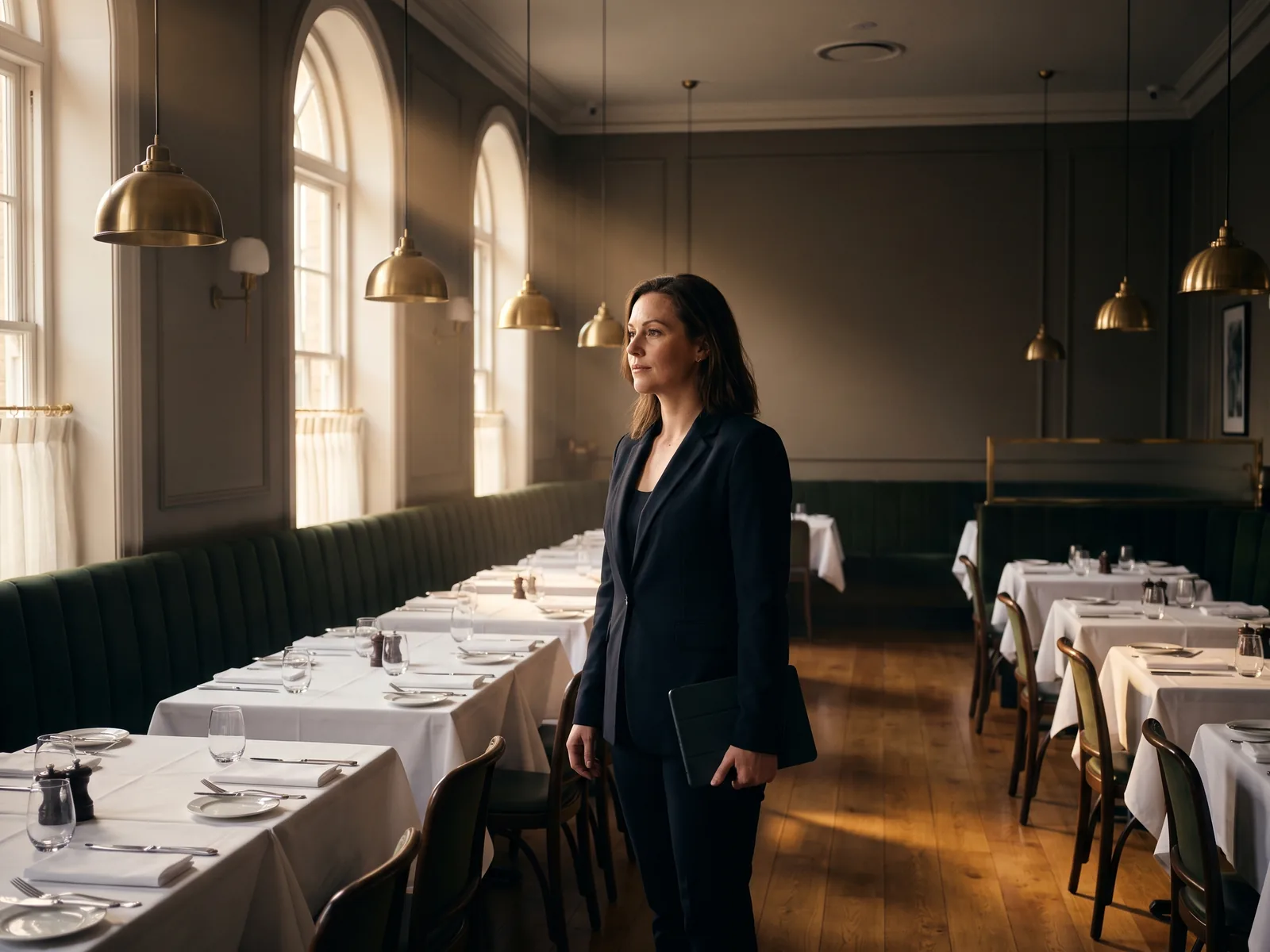 A general manager standing in a quiet dining room before service, holding a tablet