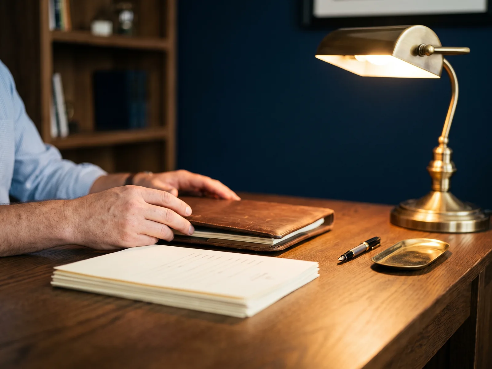 A restaurateur’s hands sorting a leather folio and papers under a brass lamp