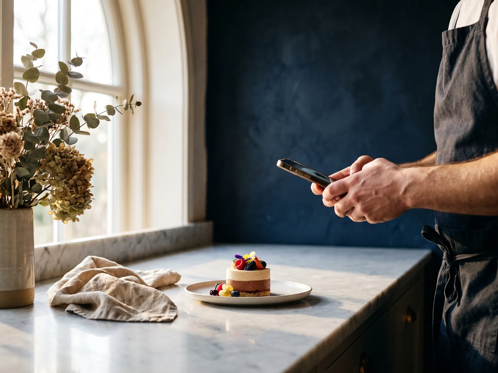 A pastry chef photographing a plated dessert by a window