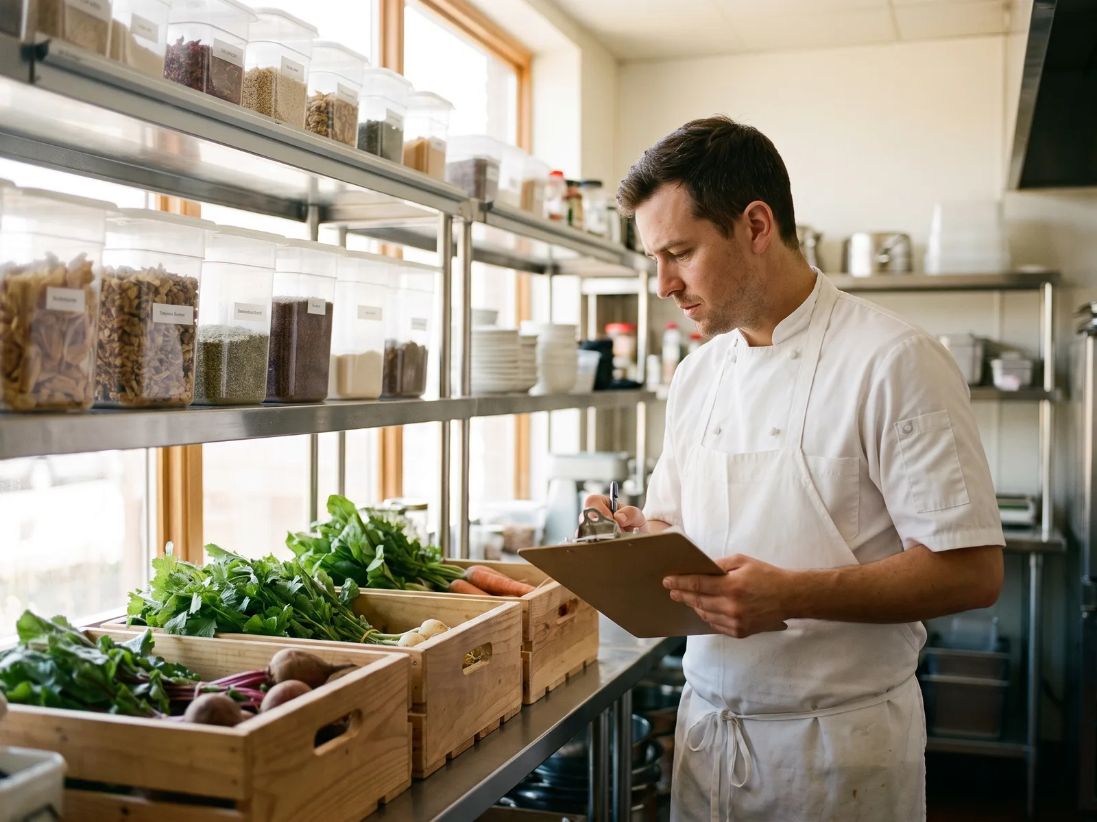 A chef with a clipboard checking produce crates in a storage room