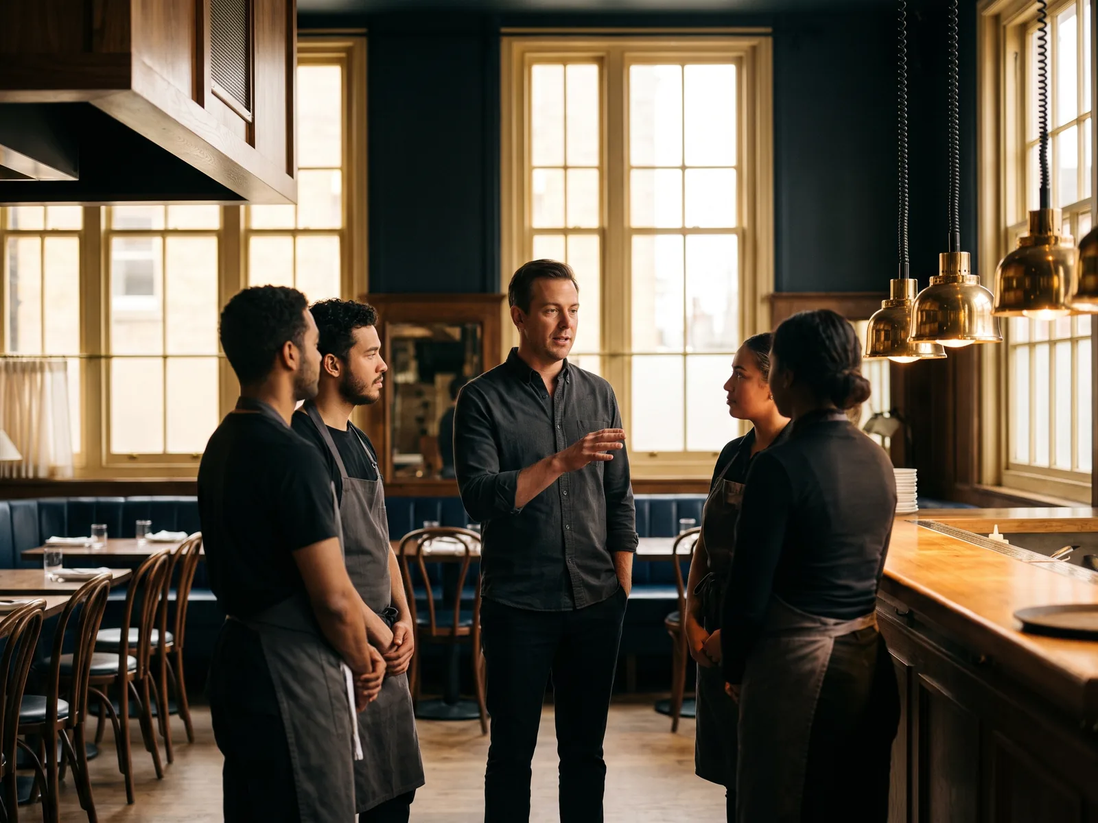 A manager briefing the service team before opening