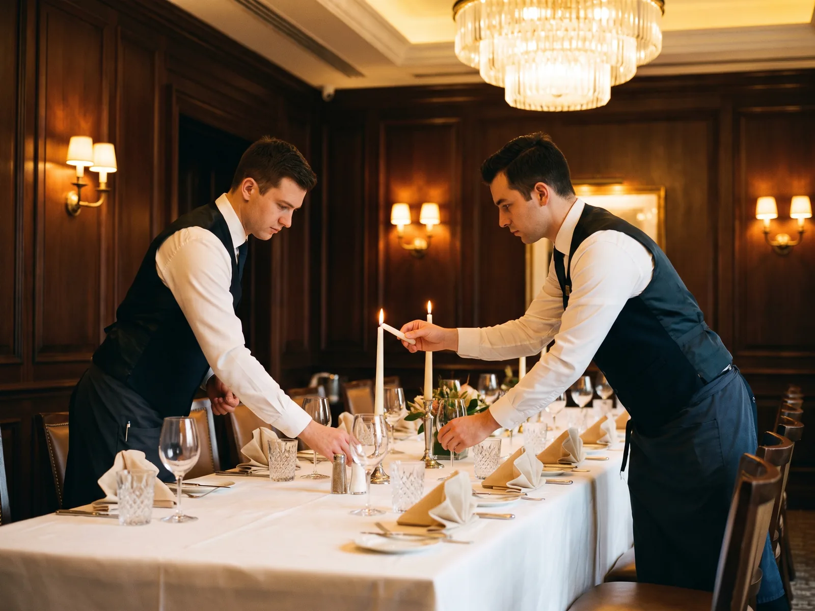 Two staff members setting a long banquet table in a private dining room