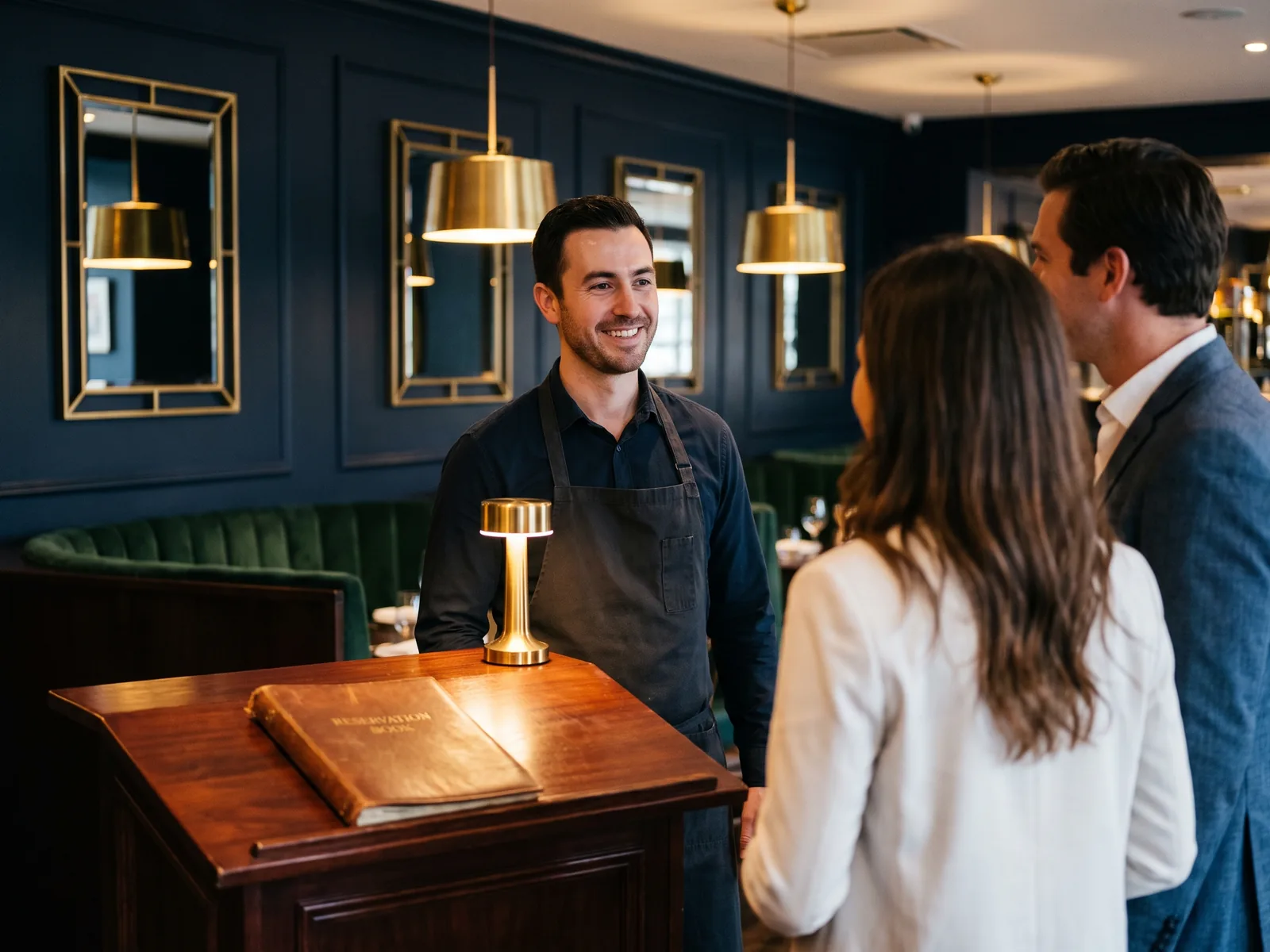 A host welcoming two guests at the reservation stand of an upscale bistro