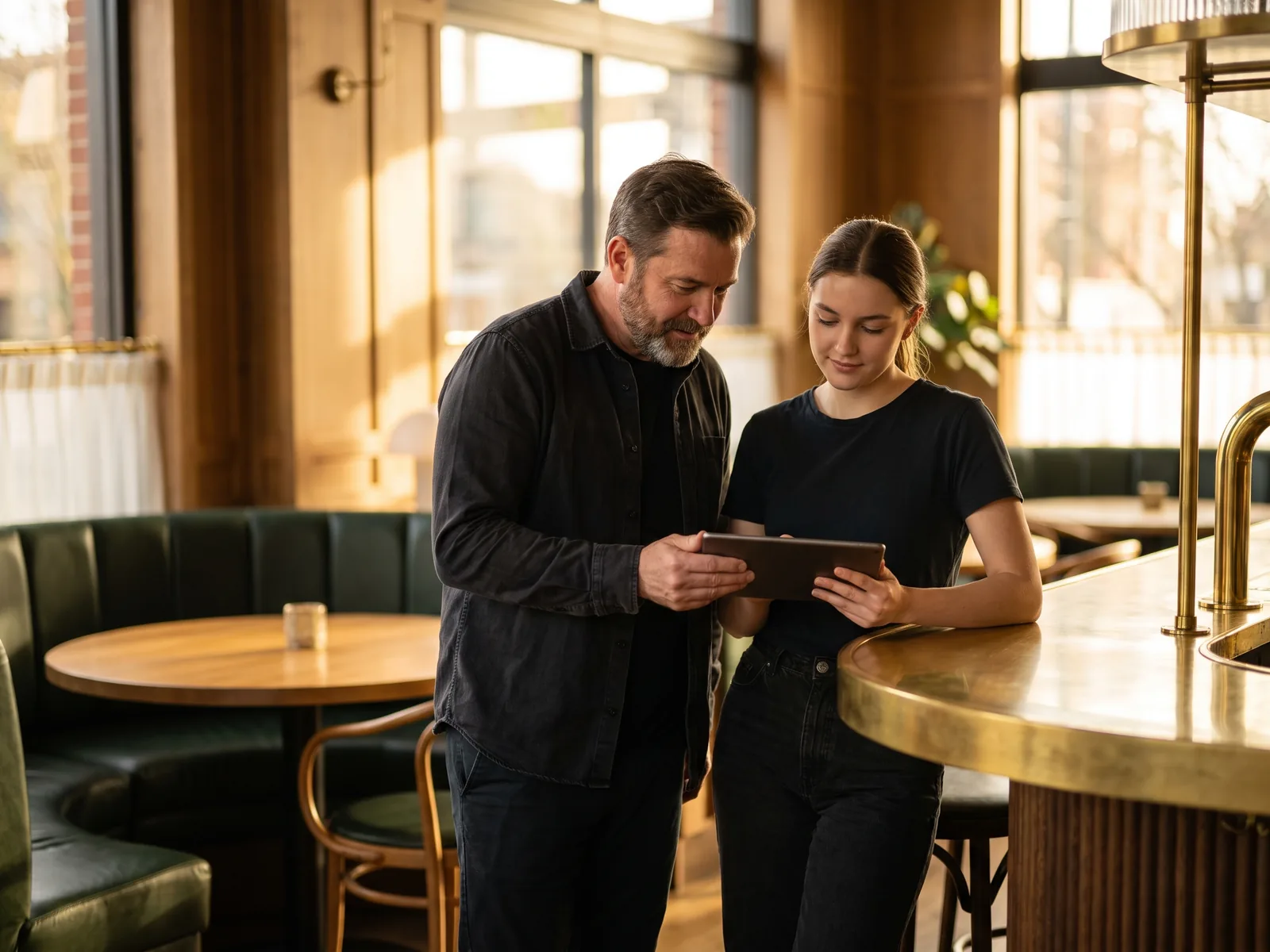 A manager and a server reviewing the weekly schedule on a tablet at the bar