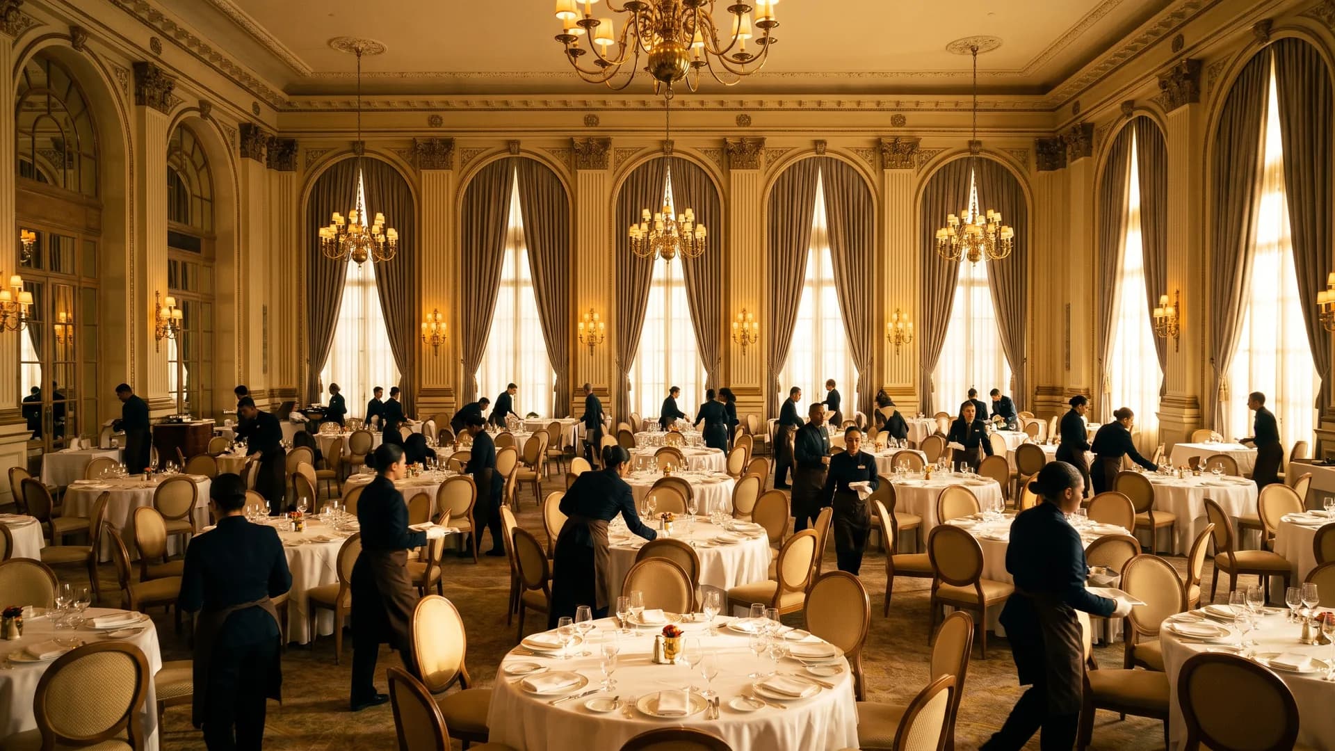 A hotel ballroom restaurant being prepared by a large team