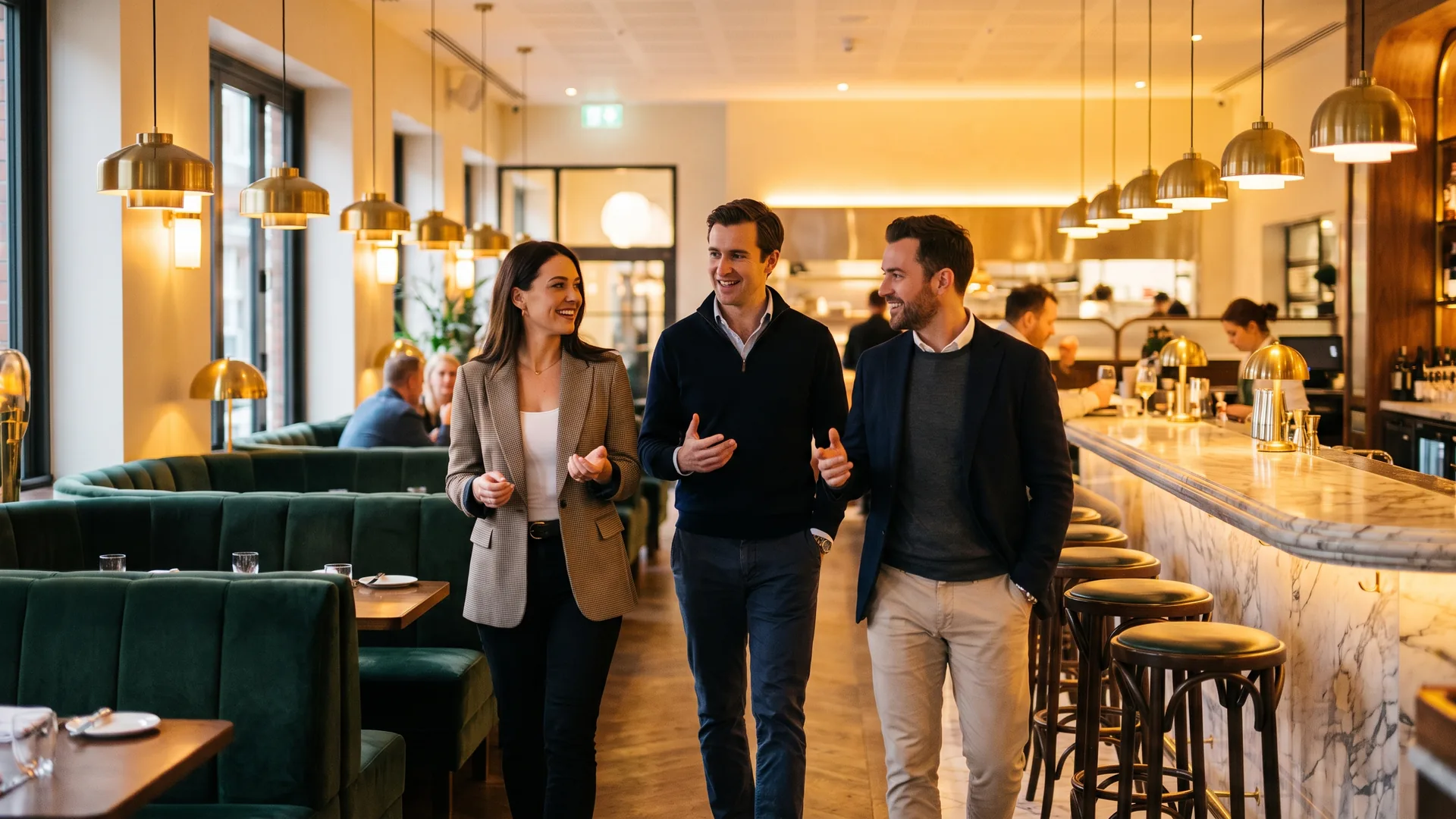 An operations director walking through a large restaurant with two managers